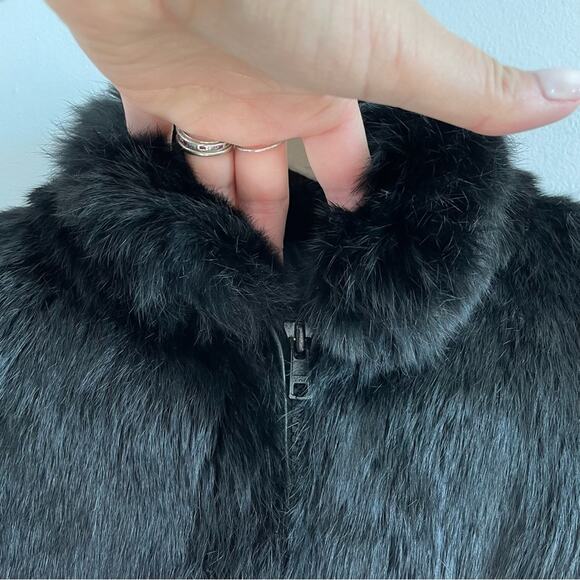 Niki | Vintage Black 100% Rabbit Fur Bomber Jacket Full Zip With Mock Neck Coat - Picture 6 of 11